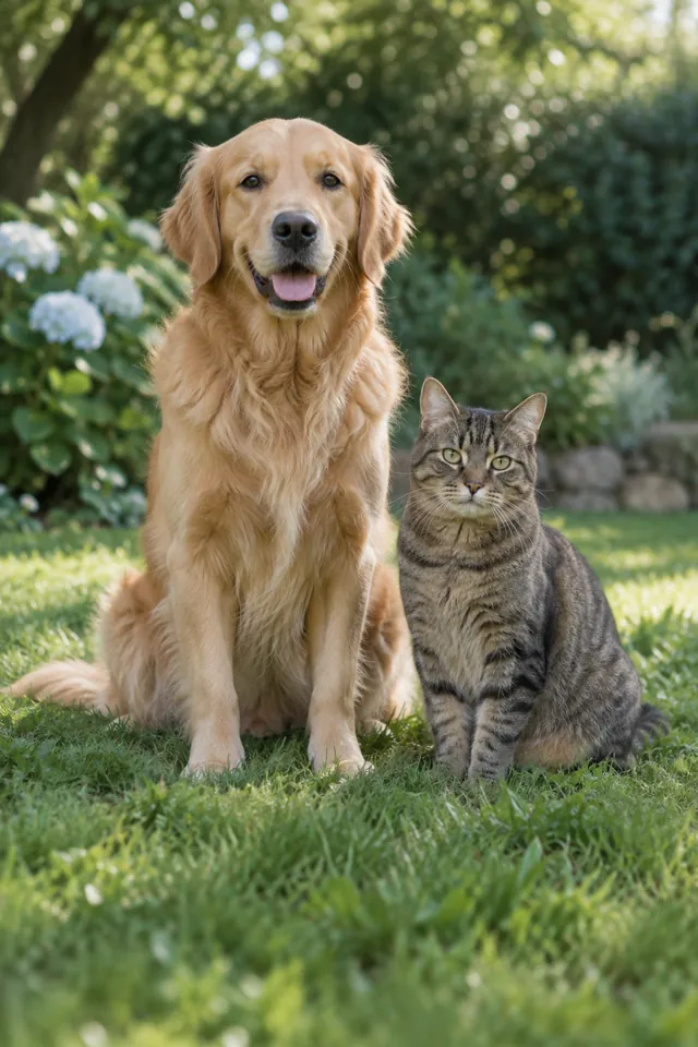 Un perro y un gato al aire libre